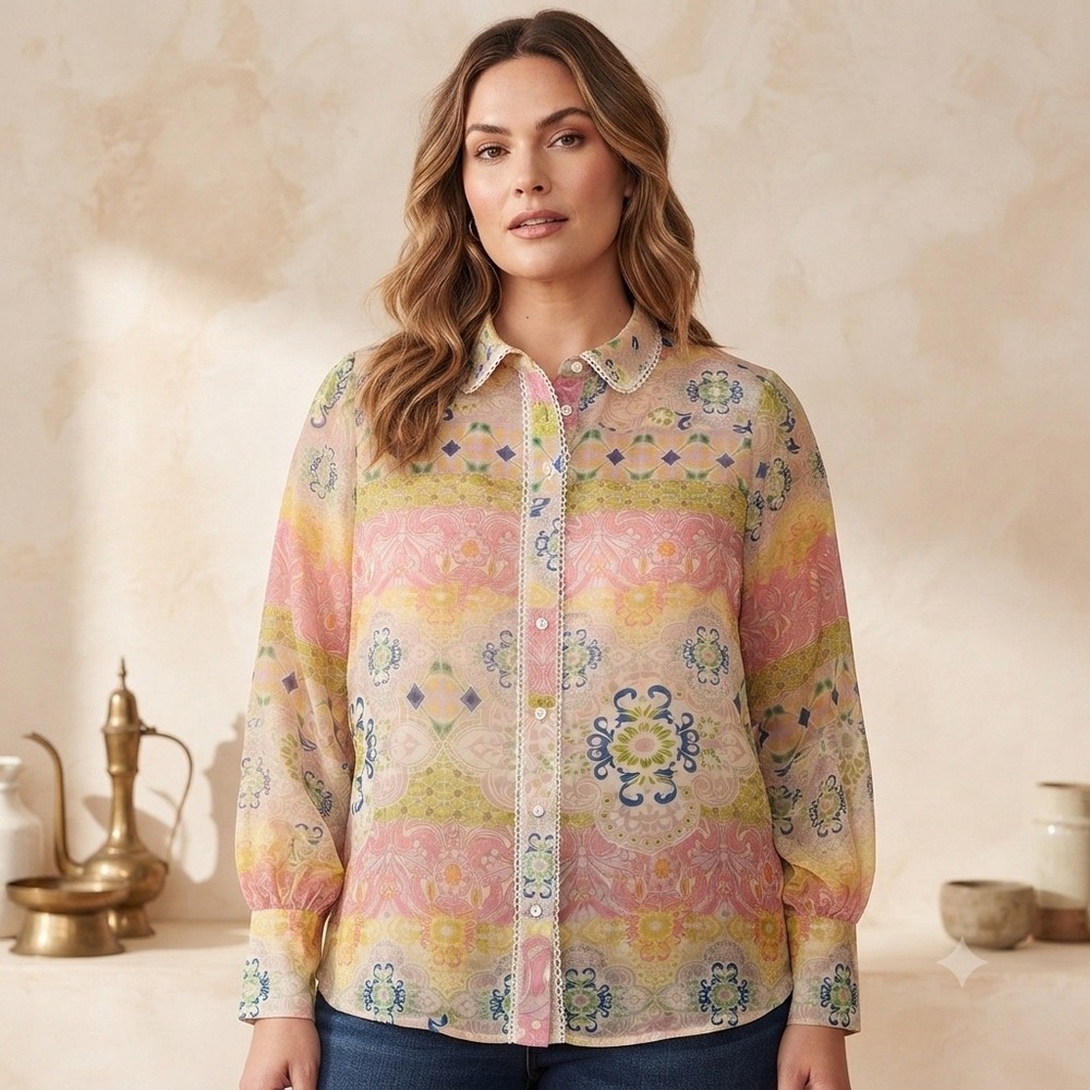 Cynthia Rowley Blouse Womens 3X Multicolor Lace Trim Medallion Boho New NWT 3XL